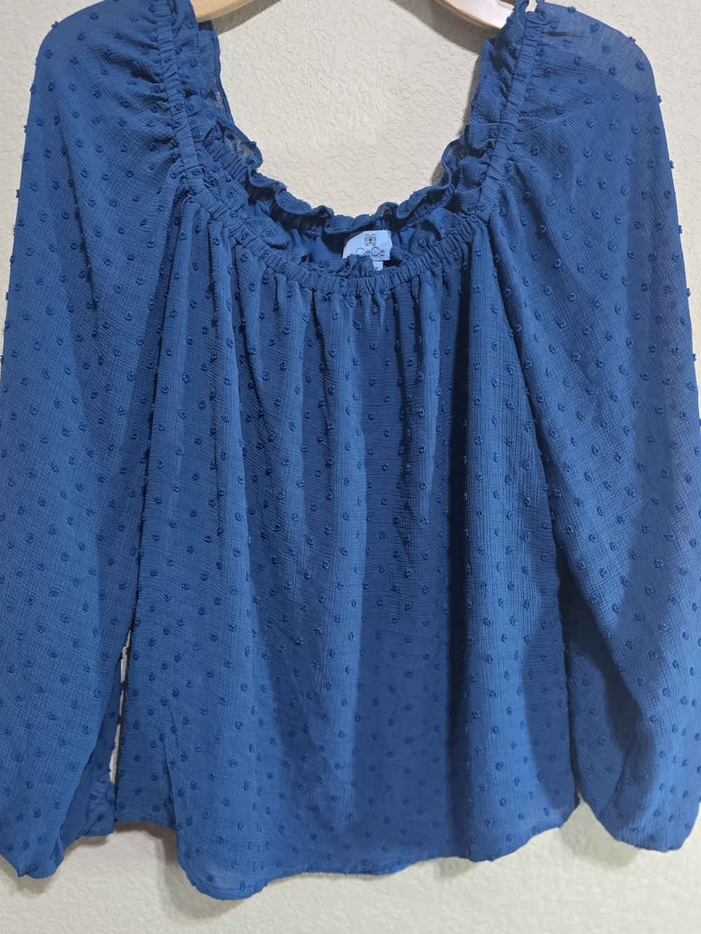 CeCe Royal Blue Swiss Dot Peasant Top